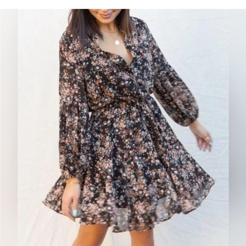 Aakaa Black Floral Cool Breeze Long Sleeve Dress